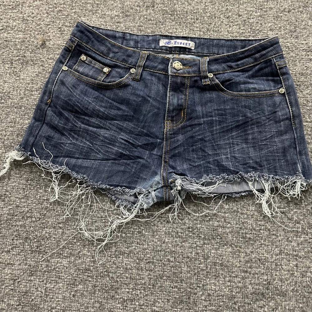 Exocet Denim Shorts Womens Size 29 Dark Wash Frayed Raw Hem Low Rise Distressed